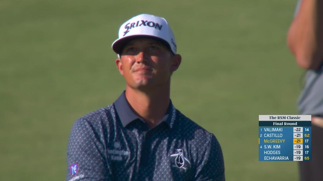 canalgolf's tweet card. In the final round of the 2025 RSM Classic, Max McGreevy's 312-yard drive on the 469-yard, par-4 18th hole lands in the left fairway, leaving 157 yards to the h