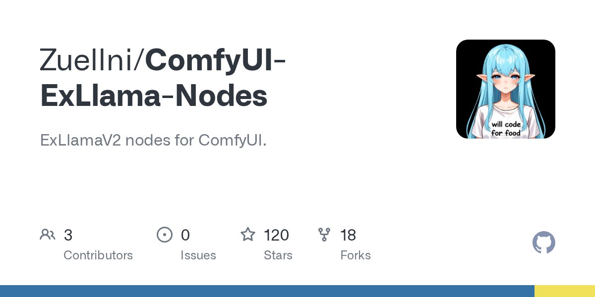 toyxyz3's tweet card. ExLlamaV2 nodes for ComfyUI. Contribute to Zuellni/ComfyUI-ExLlama-Nodes development by creating an account on GitHub.