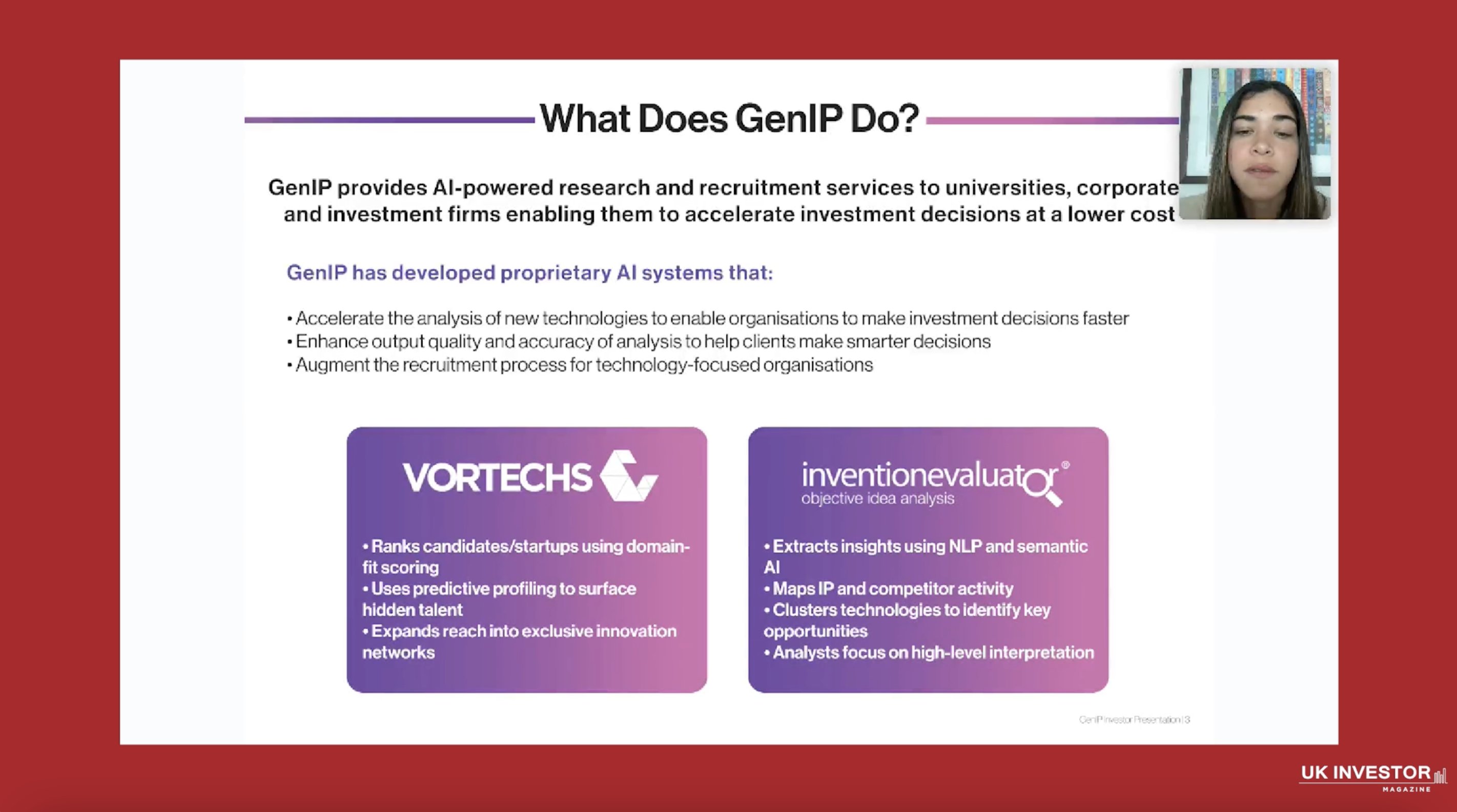 GenIPplc's tweet card. Download presentation slides. GenIP provides generative artificial intelligence analytic services to help organisations assess and commercialise new discoveries. GenIP combines expert human technical...