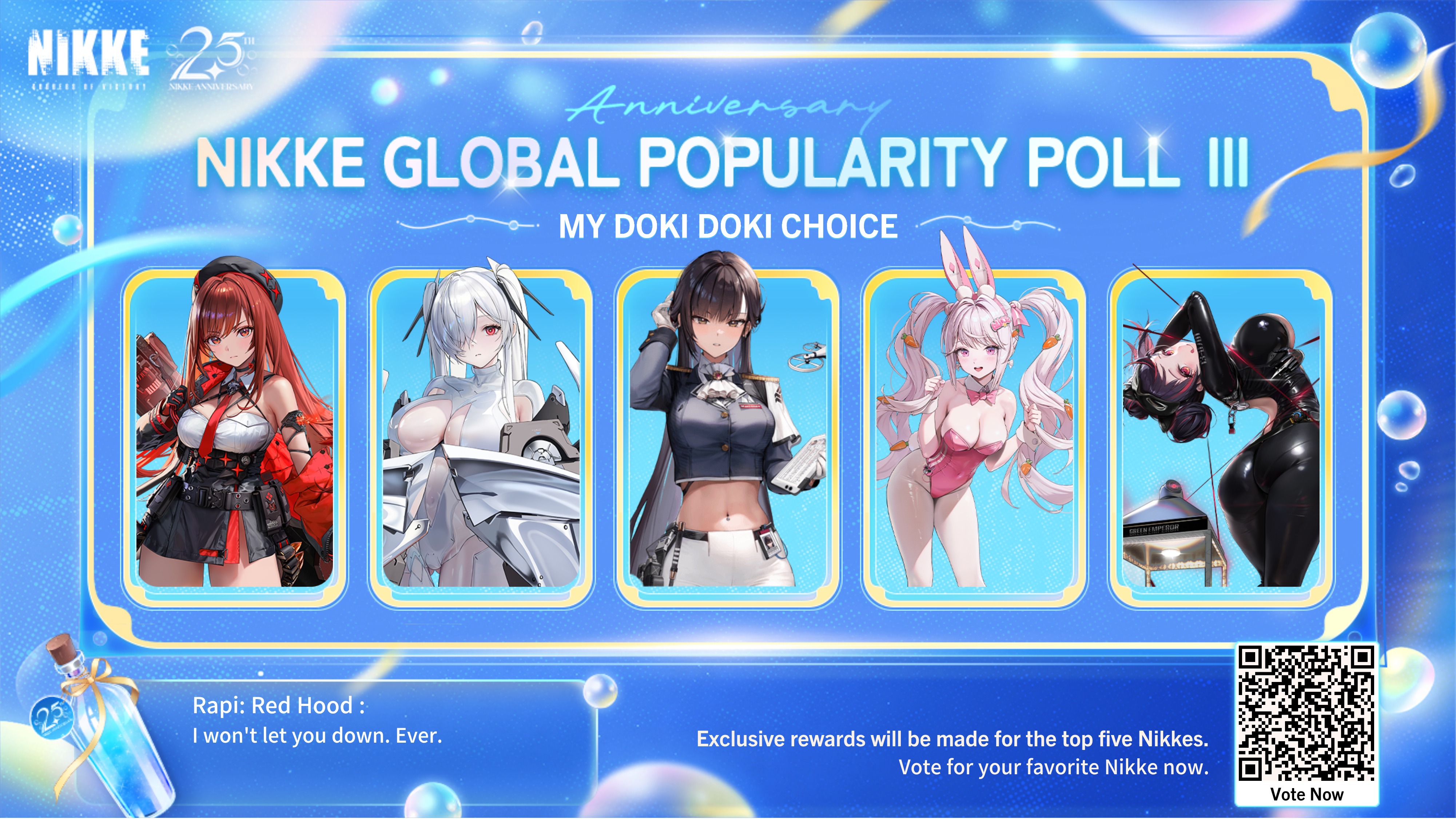 Tone_DB's tweet card. Exclusive prizes will be created for Top 5 Nikkes! Vote for your favorite Nikkes!