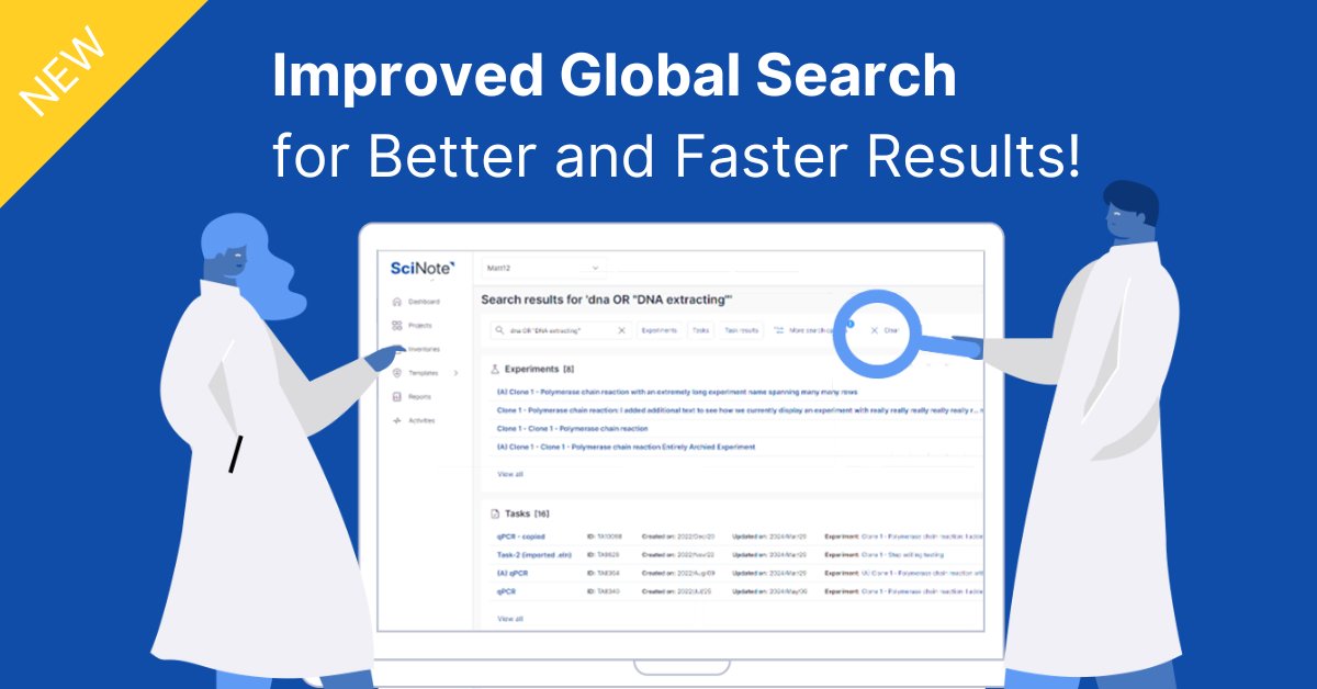 scinoteELN's tweet card. SciNote release notes for the year 2024. Find out what has been updated and added to the electronic lab notebook.