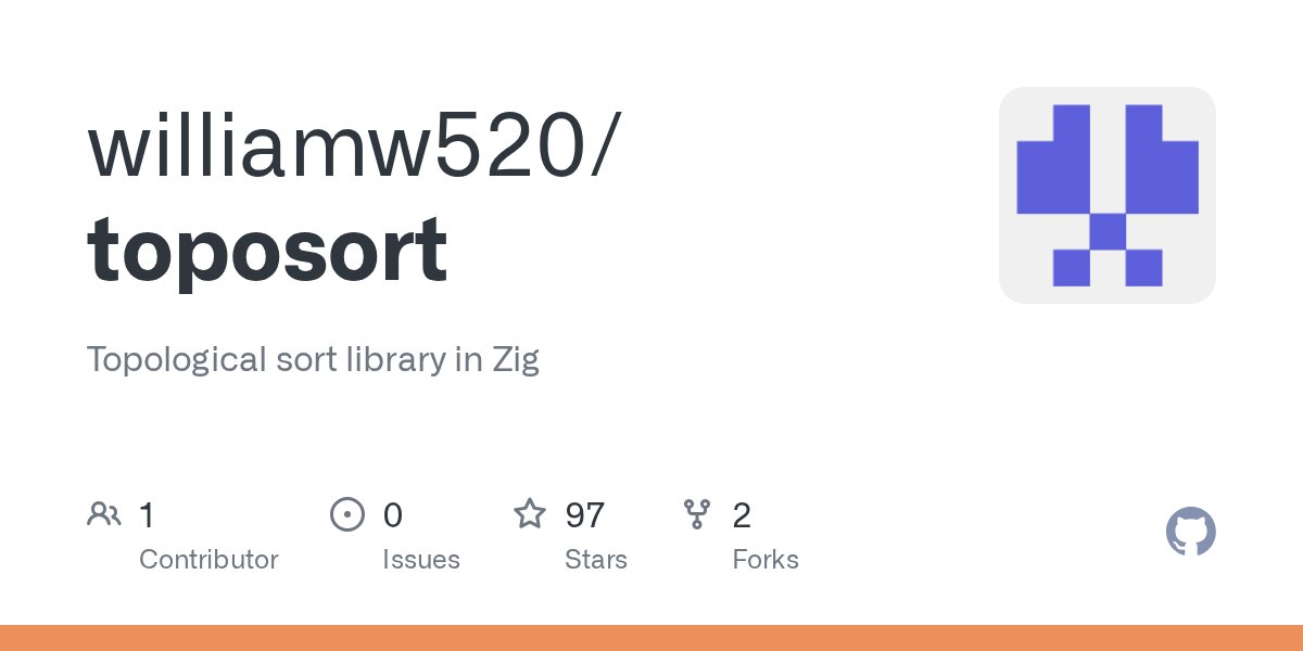 ZigDiscussions's tweet card. Topological sort library in Zig. Contribute to williamw520/toposort development by creating an account on GitHub.