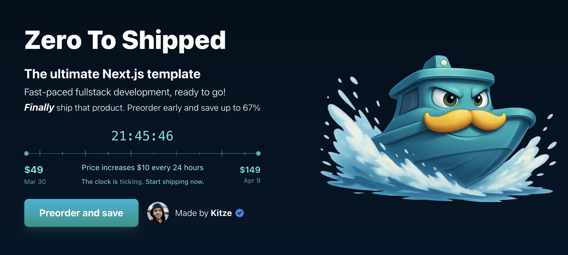 thekitze's tweet card. The ultimate Next.js template - Ship a full-stack SaaS app in production in less than 15 minutes
