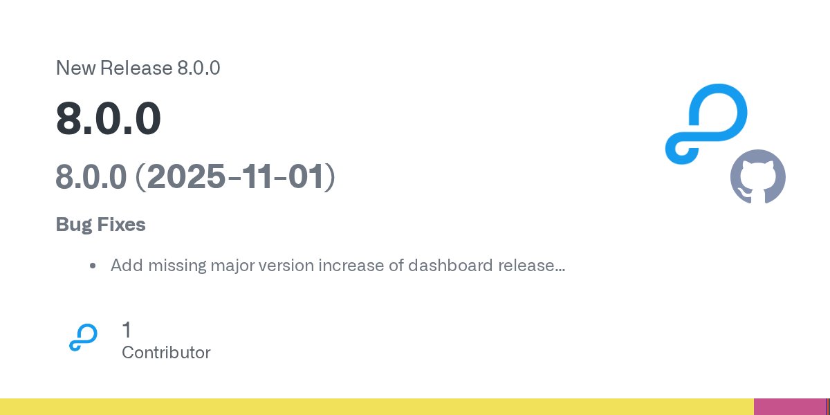 ParsePlatform's tweet card. 8.0.0 (2025-11-01) Bug Fixes Add missing major version increase of dashboard release (#3005) (5debb4d) Cannot connect to server with error invalid header name (#3006) (ea4ec07) Currently displayed...