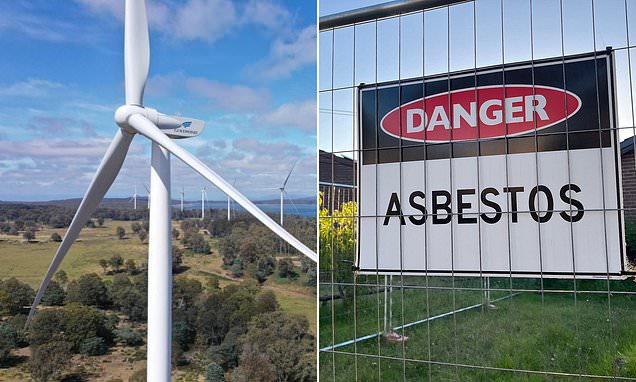 DailyMail's tweet card. An urgent safety response has been issued at wind farms across the country after asbestos was found in Chinese-made wind turbines in Tasmania. 