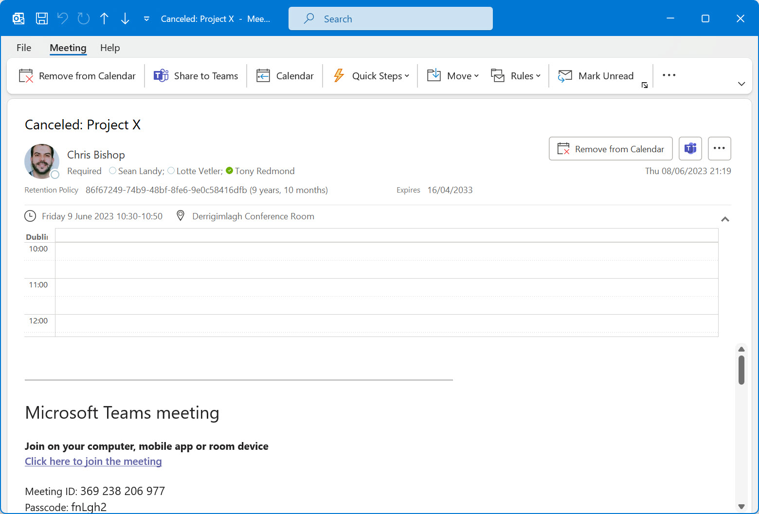12Knocksinna's tweet card. Sometimes administrators need to intervene and cancel meetings on behalf of users. That's why the Remove-CalendarEvents cmdlet exists, as we explain here.