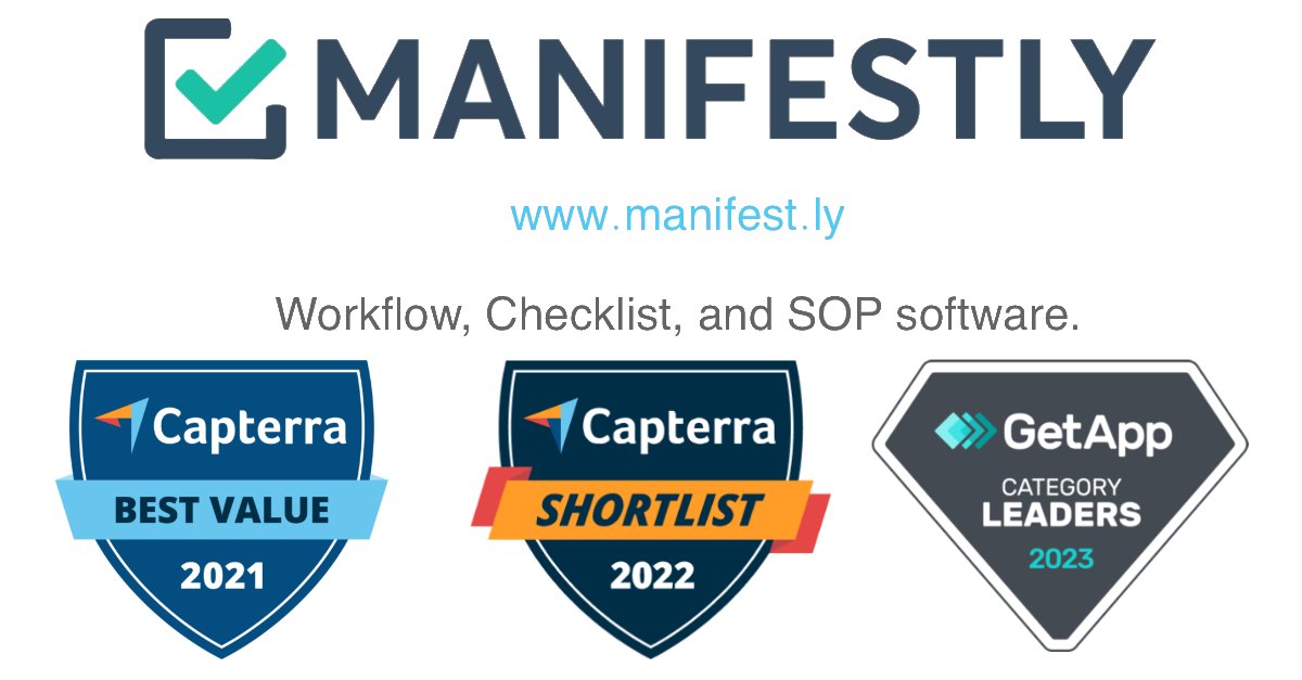 ManifestlyApp's tweet card. Manifestly is 100% focused on recurring tasks. SOPs, workflows, checklists...whatever you call these important recurring processes, that's what our software does. Simple, yet powerful workflow...
