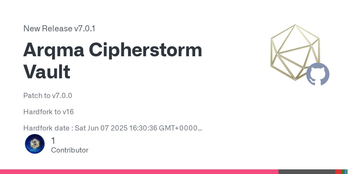 CommunityArq's tweet card. Patch to v7.0.0 Hardfork to v16 Hardfork date : Sat Jun 07 2025 16:30:36 GMT+0000 Hardfork block: 1731470