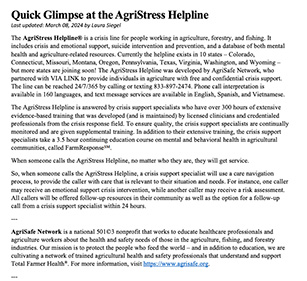 60Minutes's tweet card. The AgriStress Helpline is a crisis line for farmers, ranchers, forestry workers, loggers, fishers, and their families. If you are thinking about suicide, if you are worried about a friend or loved...