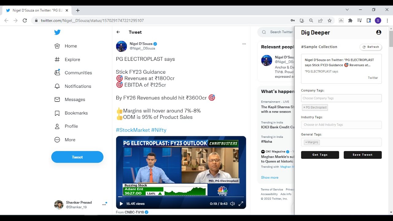 Shankar_19's tweet card. Chrome Extension Demo | Dig Deeper