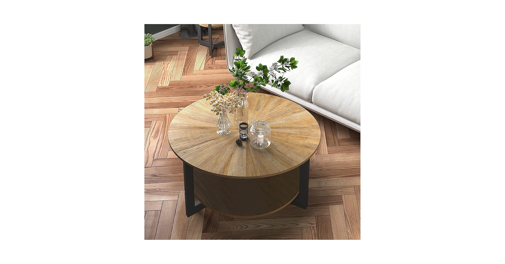 ProDecors's tweet card. A whisper of mid-century nostalgia meets crisp modern lines in this round coffee table. Thirty-six solid-wood blocks, muted by a vintage stain, radiate from the center like an old record label, while...