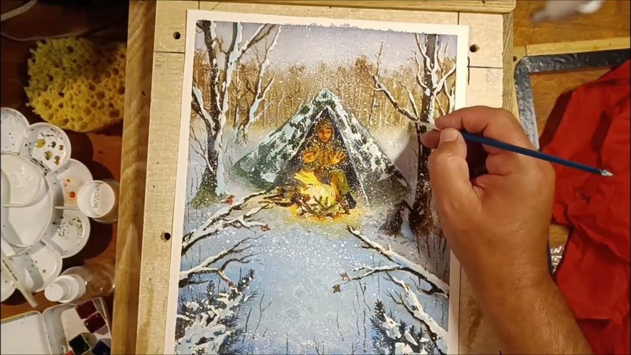 mixta110's tweet card. Wild camping in a blizzard, Watercolor painting speed paint.