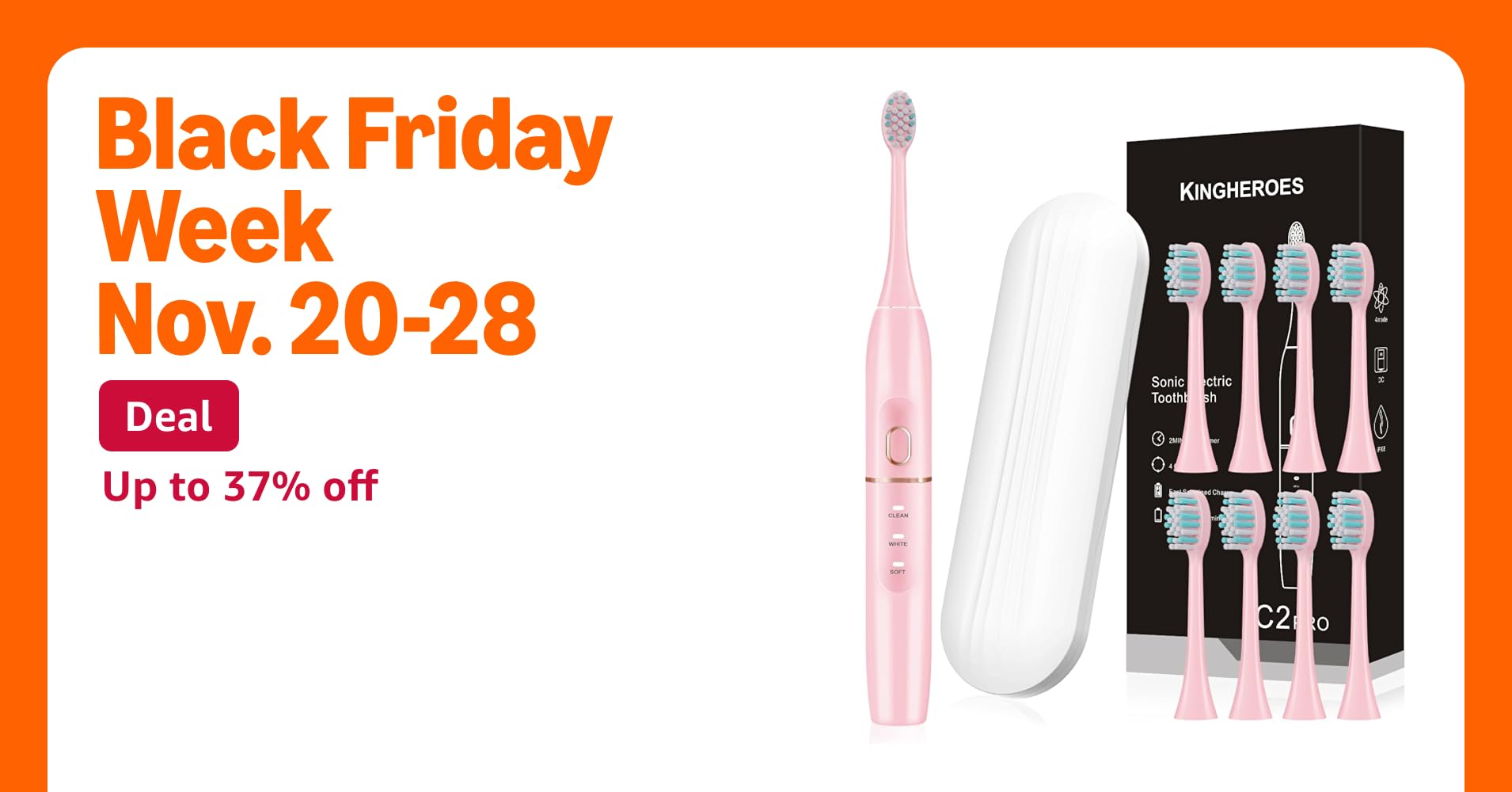 KickUpDeals's tweet card. Kingheroes Electric Toothbrush for Adults, Rechargeable Sonic Toothbrush with 4 Modes, 42000 VPM Motor, One Charge for 60 Days, Comes with 8 Brush Heads & Travel Case (Pink) Kingheroes electronic...