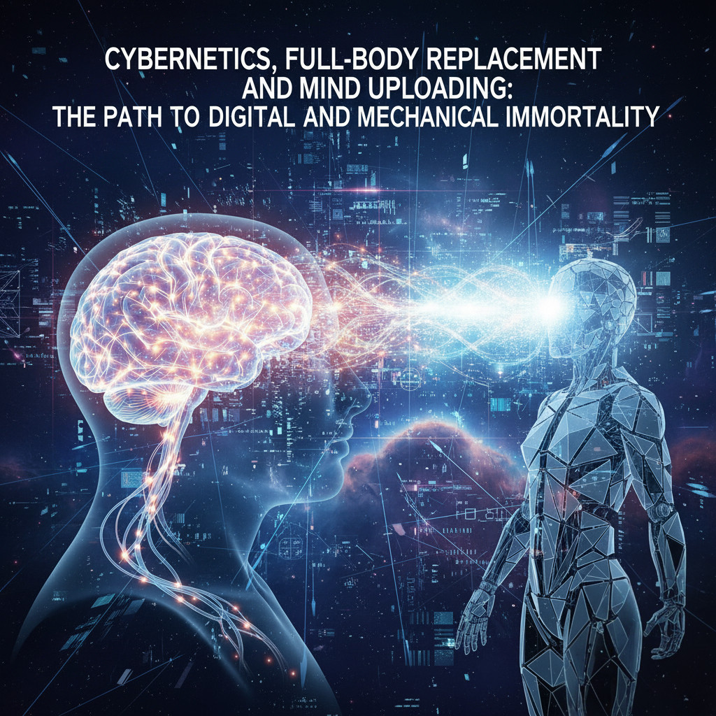 WW3Precognition's tweet card. Kybernetik und Gehirn-Computer-Schnittstellen (BCI) überwinden die Biologie mit künstlichen Gliedmaßen, Ganzkörper-Ersatz und Mind-Uploading für digitale Unsterblichkeit. Exoskelette und Neuroproth...