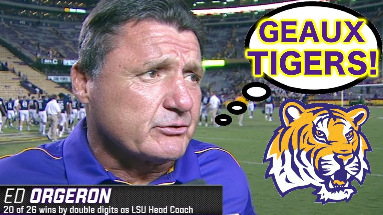 Sharpaction5's tweet card. Coach Ed Orgeron saying "Go Tigers!" #GEAUXTIGERS 🐯
