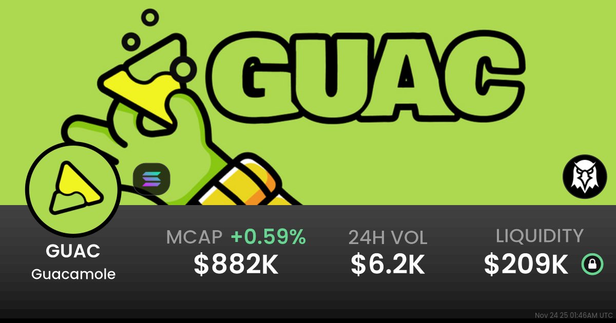 NFAProphet's tweet card. $0.000000008940 Guacamole (GUAC) realtime price charts, trading history and info - GUAC / USDC on Solana / Raydium