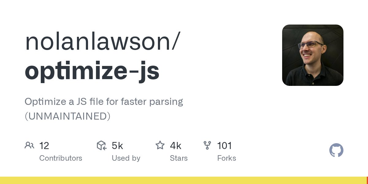 _Programacion's tweet card. Optimize a JS file for faster parsing (UNMAINTAINED) - nolanlawson/optimize-js