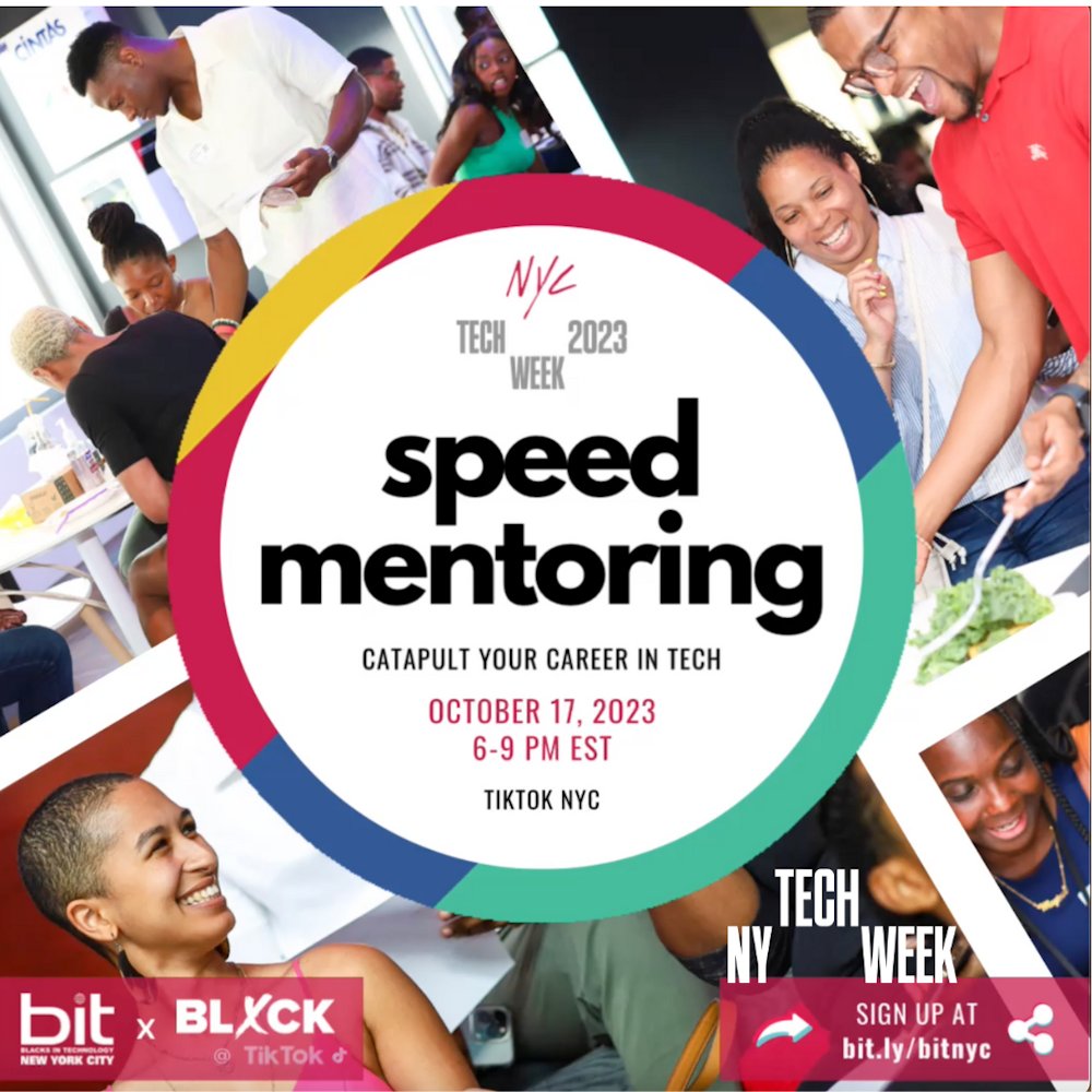 BlacksInTechNYC's tweet card. Powered by TikTok (Powerful Leaders in the Media & Entertainment Space), join Blacks In Technology and Mentor Me Collective for an exciting evening of networking, insightful conversations, and...