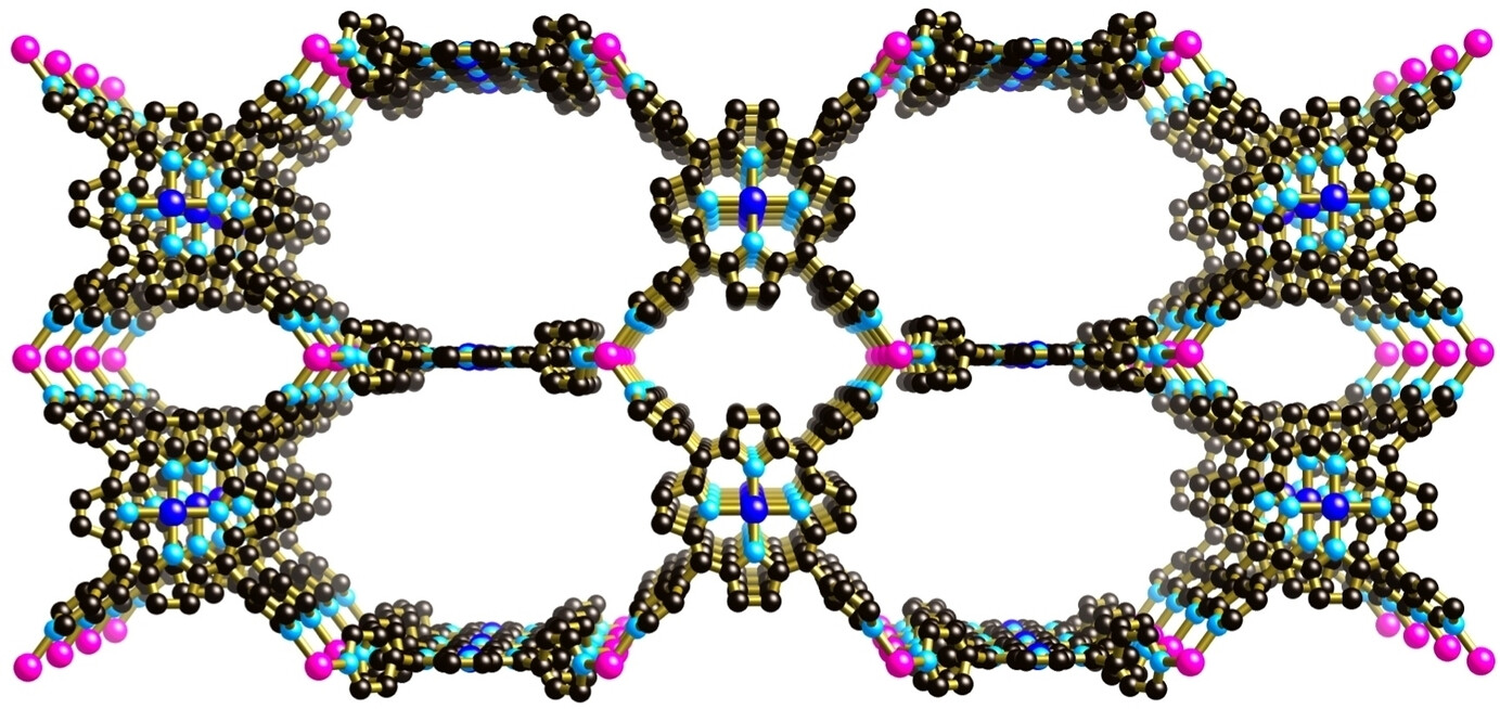 MOF_papers's tweet card. A pre-organized metallo-porphyrin substituted by four 4-pyridyl donors directed outwards towards the corners of a square, seen here providing the square planar node in a coordination polymer framew...
