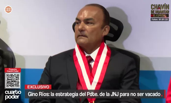 Cuarto_Poder's tweet card. Gino Ríos, presidente de la JNJ, omitió una sentencia por violencia familiar en su hoja de vida. Han pasado 4 meses desde que inició su proceso de vacancia y aún no hay decisión