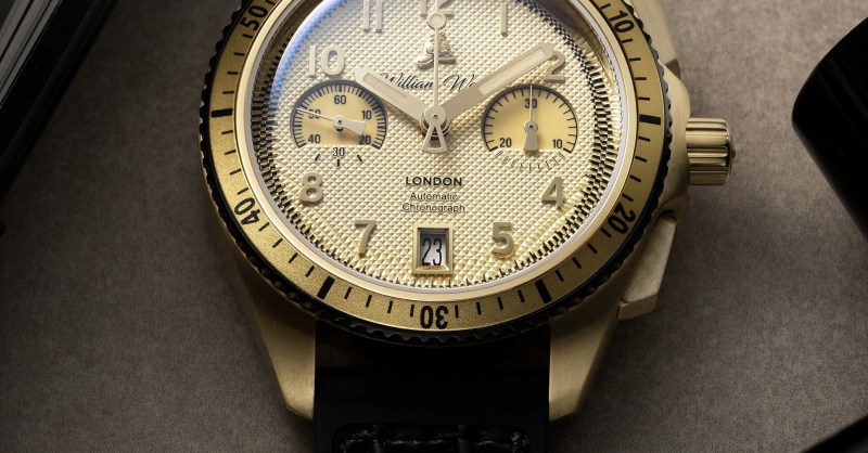 Heauxfessional1's tweet card. William Wood Watches debuts the Vintage Triumph, a limited-edition chronograph with a crown made from a 100-year-old firefighter's helmet