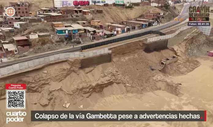Cuarto_Poder's tweet card. El forado de Gambetta bloqueó una vía clave hacia el Callao. Alertas previas no fueron atendidas por Provías