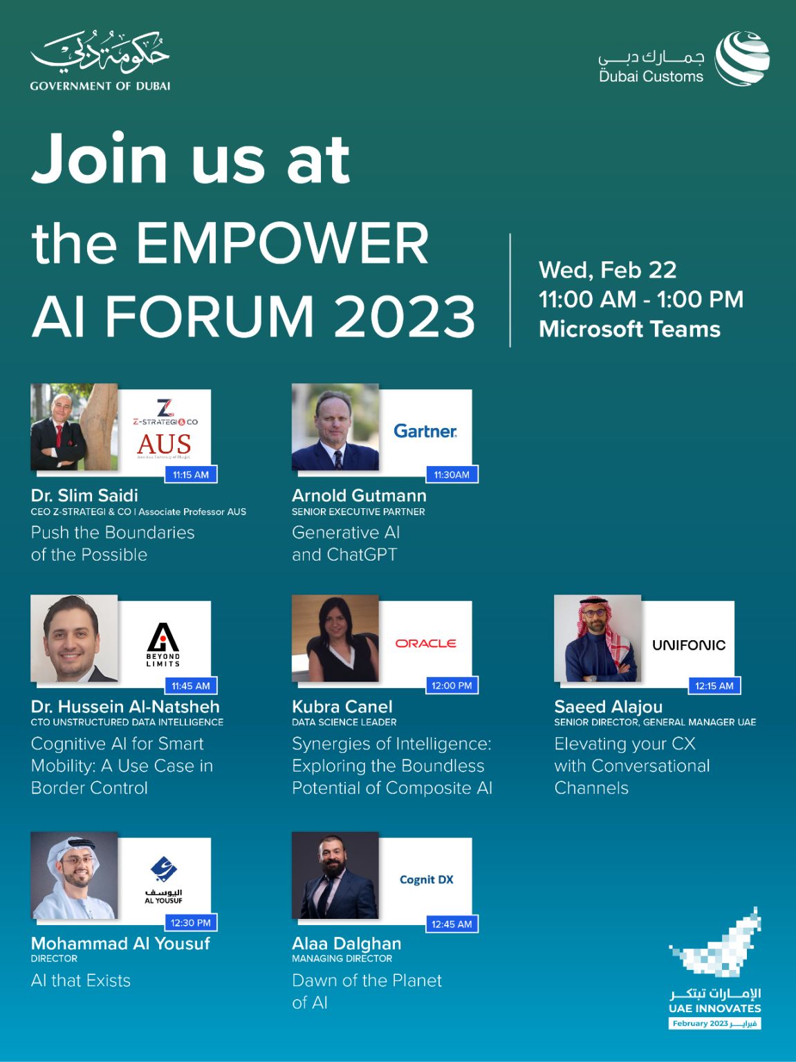 hnatsheh's tweet card. Very glad to participate at this great AI Forum with Dubai Customs. I encourage you all to register and attend! https://lnkd.in/gs-A6YFp Dubai Customs Beyond Limits Advanced Vision #ai #smartmobility...