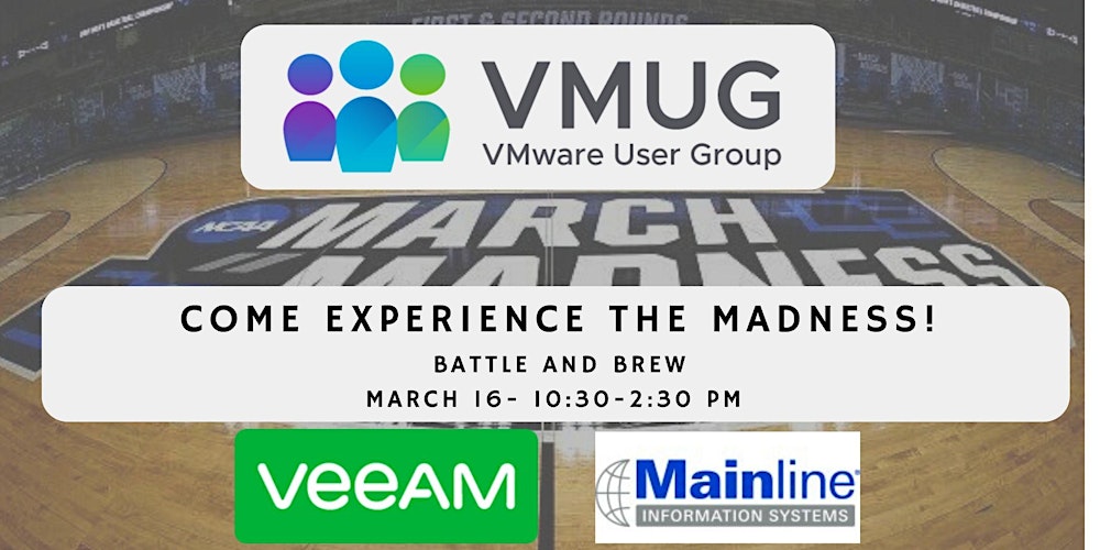 ATLVMUG's tweet card. Are you ready for some March Madness?? Come join Mainline Information Systems, Veeam and your local Atlanta VMUG team!