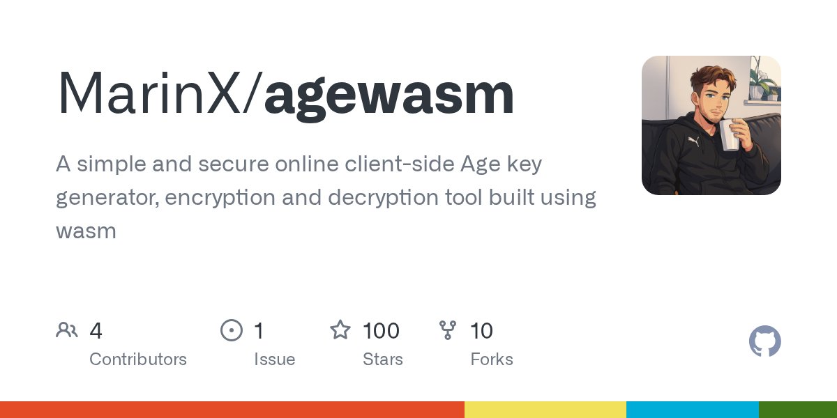 marin02basic's tweet card. A simple and secure online client-side Age key generator, encryption and decryption tool built using wasm - MarinX/agewasm