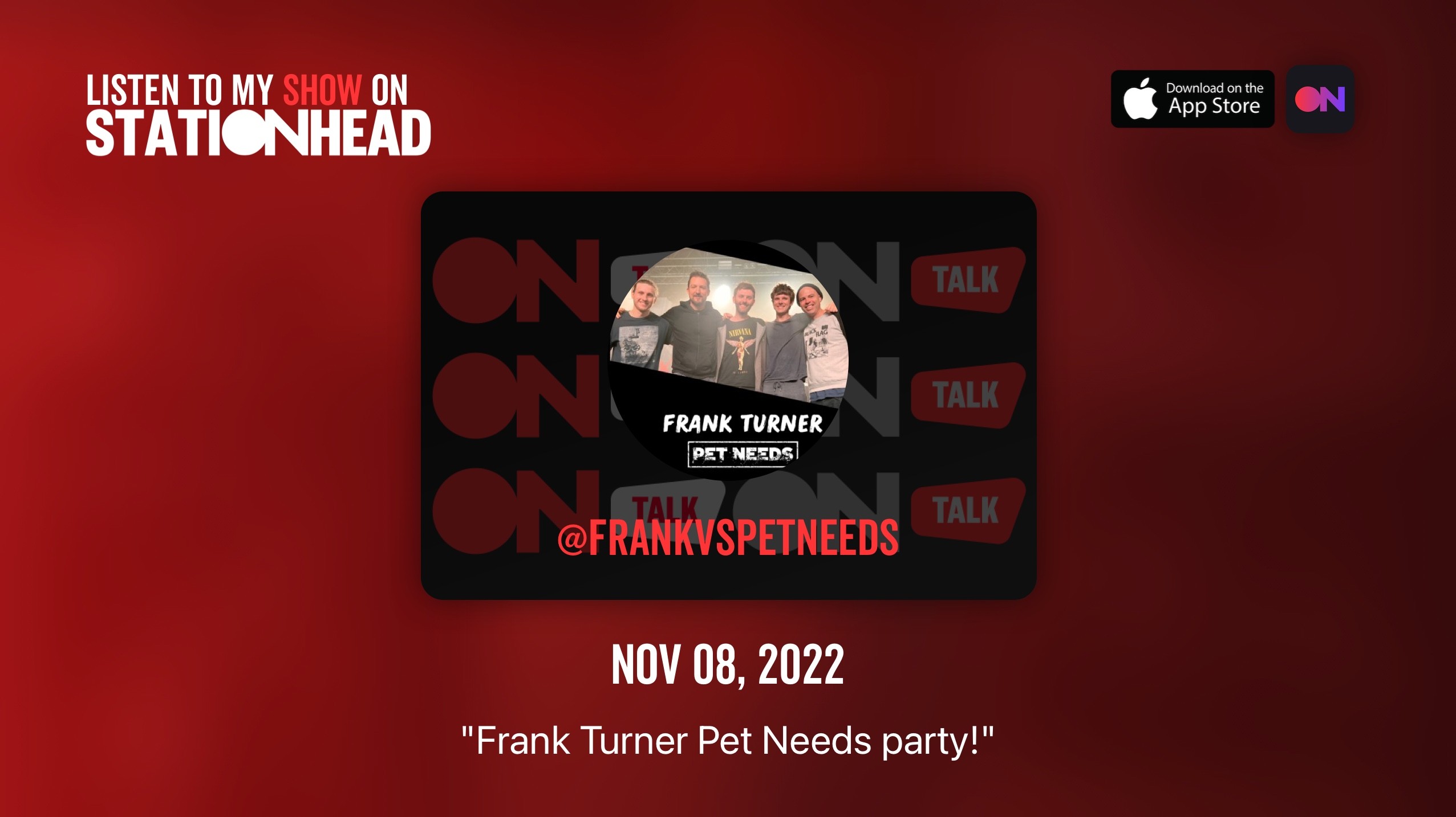 frankturner's tweet card. Listen to my show on @frankvspetneeds on the Stationhead App: Frank Turner Pet Needs party!