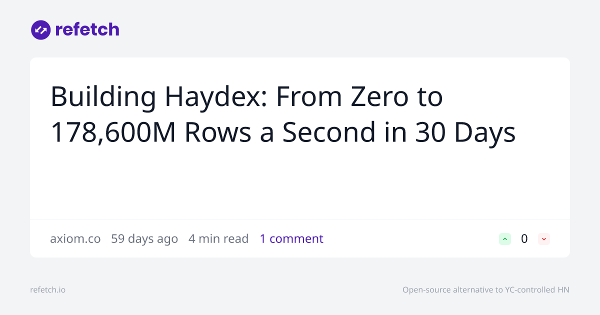 refetch_io's tweet card. Discussion about Building Haydex: From Zero to 178,600M Rows a Second in 30 Days. Join the conversation on Refetch.