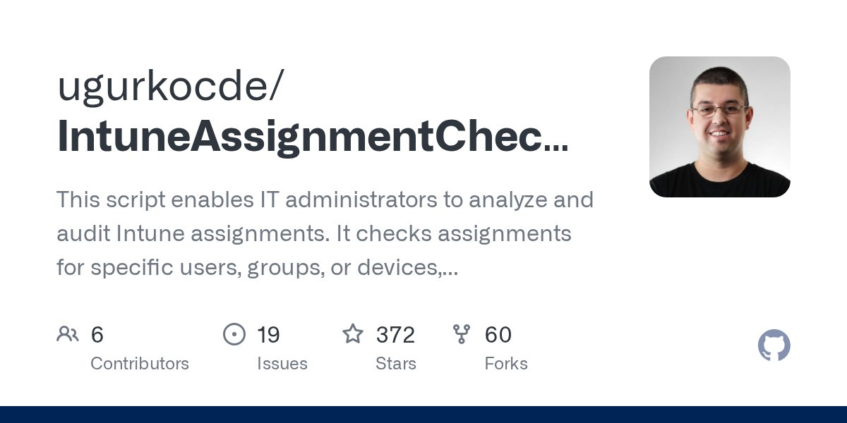 PrzemyslawKlys's tweet card. This script enables IT administrators to analyze and audit Intune assignments. It checks assignments for specific users, groups, or devices, displays all policies and their assignments, identifies ...