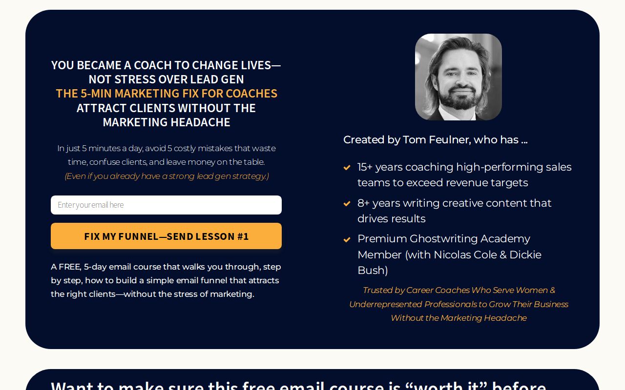 tomfeulner's tweet card. A FREE, 5-day email course that walks you through, step by step, how to build a simple email funnel that attracts the right clients—without the stress of marketing.