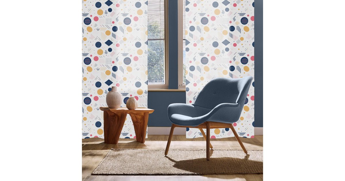 ArrayStores's tweet card. This Memphis-inspired geometric abstract design brings a modern twist to mid-century style with it's playful shapes and bold palette of navy blue, golden yellow, and deep rose pink on a crisp white...