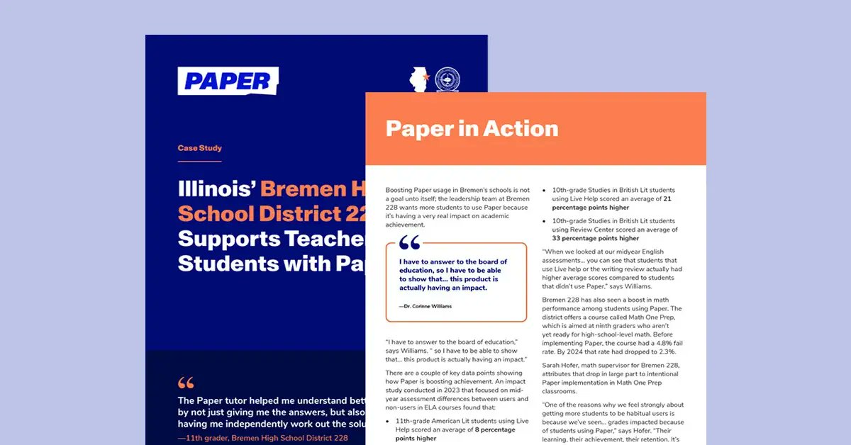 paperlearning's tweet card. Learn how Chicagoland’s Bremen High School District 228 puts students at the center with 24/7 educational support with Paper.