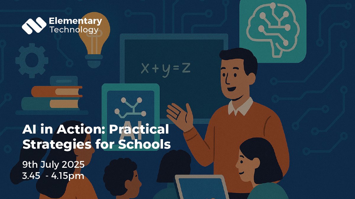 ElementaryAV's tweet card. Explore insights and ideas from a day of discussion and discovery on AI in education, with takeaway strategies you can start using right away.