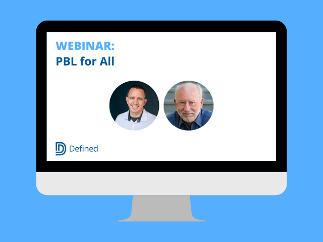 DefinedLearning's tweet card. In this complimentary webinar, John Spencer and John Larmer explain how to engage ALL students in PBL.