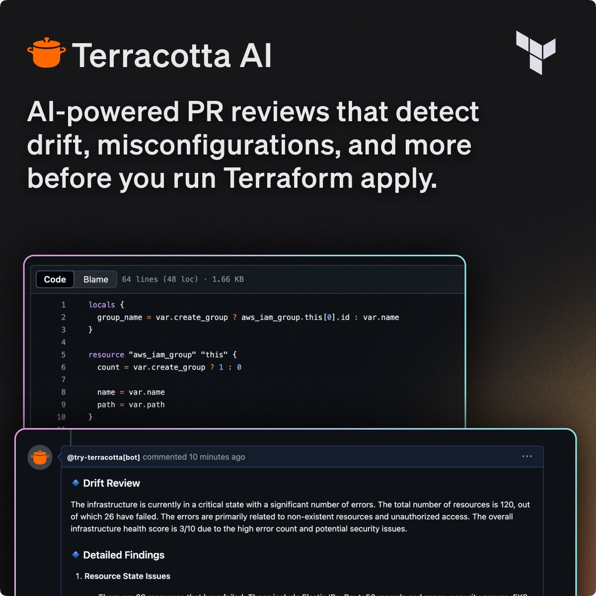 tryterracotta's tweet card. Why is Terraform still hard in 2025? Hashicorp's Terraform has been around for over a decade. It’s the most popular Infrastructure as Code tool. It’s declarative, GitOps-friendly, and supposed to be...