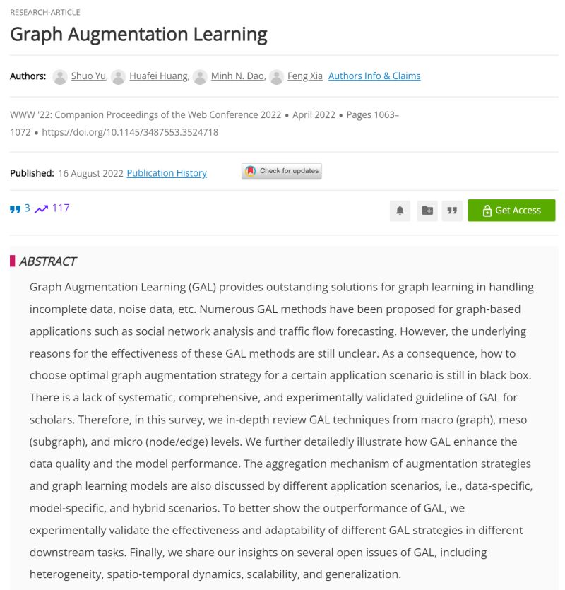 fxia61's tweet card. Data quality matters. One challenge for #graphlearning is low-quality data in the real world. In this paper in #WWW2022 #TheWebConf2022 (not #WWW2023) Companion Proceedings, we propose Graph Augmen...