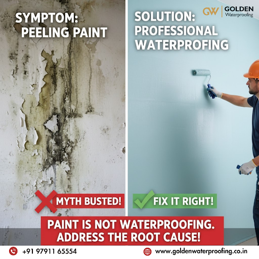 goldenwaterproo's tweet card. 🌧 Peeling paint, damp patches, and wall damage are more than just cosmetic issues—they’re signs of water seepage that needs real waterproofing, not just another coat of paint. At Golden Waterproof...