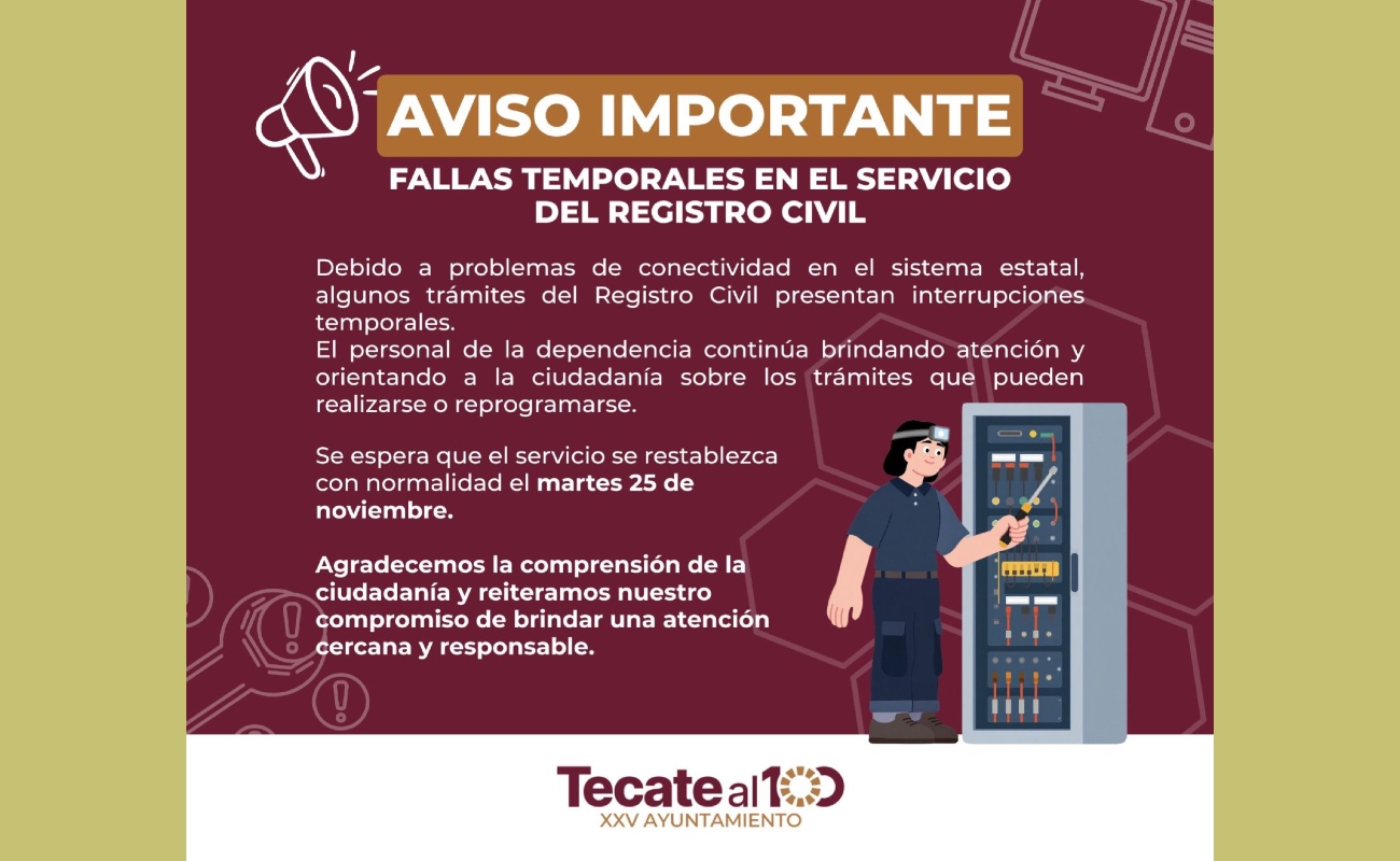 HiptexNews's tweet card. Debido a fallas técnicas en el sistema de conectividad a internet del Registro Civil, algunos de los servicios que requieren acceso a la plataforma estatal presentan interrupciones temporales