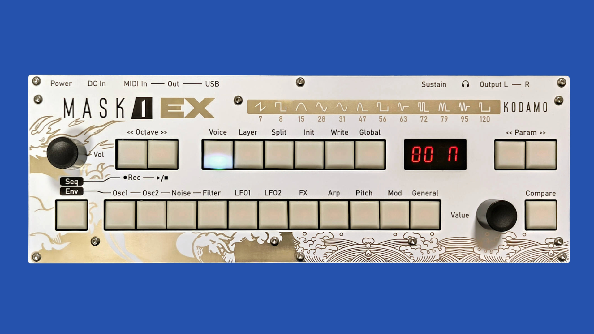 synthanatomy's tweet card. Kodamo MASK1EX is a desktop bi-timbral bitmask Synthesizer with almost the same power as its big brother MASK1.