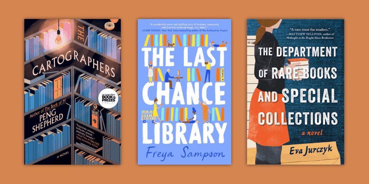 JustinGPub's tweet card. Are libraries your happy place? Check out one of these library-themed reads.