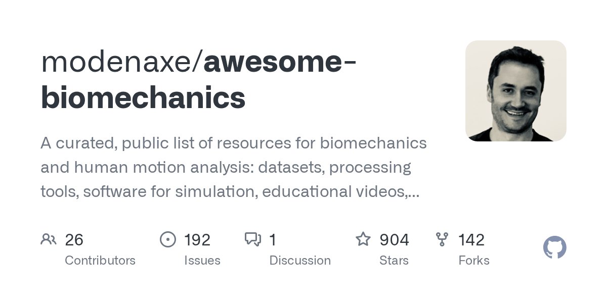firozkhxn_'s tweet card. A curated, public list of resources for biomechanics and human motion analysis: datasets, processing tools, software for simulation, educational videos, lectures, etc. - modenaxe/awesome-biomechanics