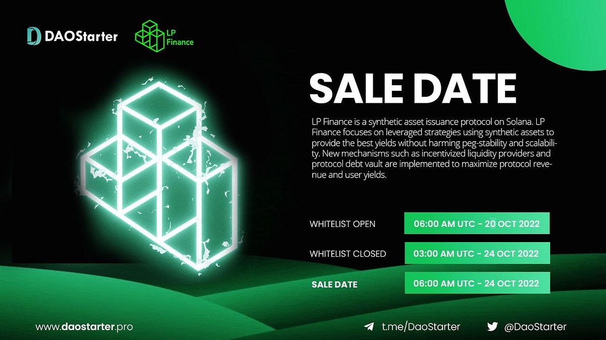 DaoStarter's tweet card. The Public Sale of LP Finance will occur on DAOStarter. The whitelisting process for DAOStarter Public Sale is now live!