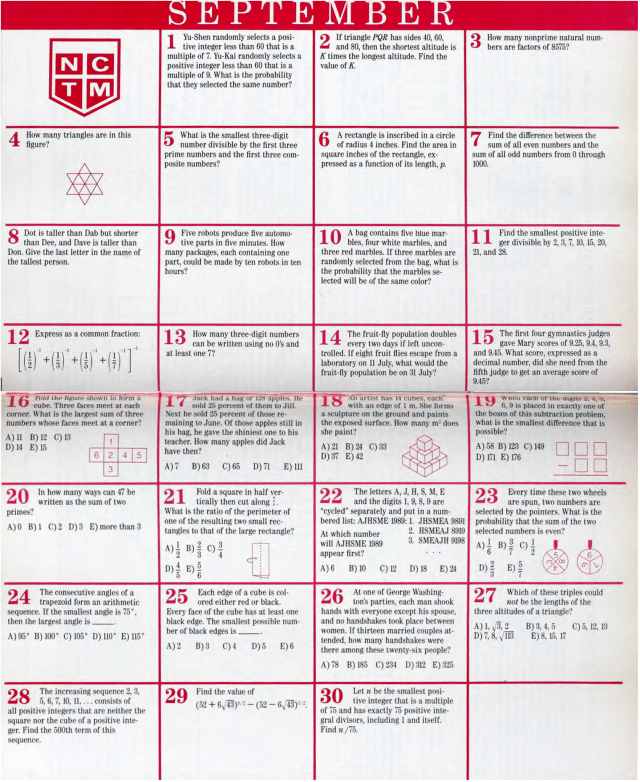 KarenCampe's tweet card. September is here, and so is the school year for my US friends. Start a habit of doing some problem solving in your math classes this year! Here is the 1990 Calendar of Problems from 35 years ago f…