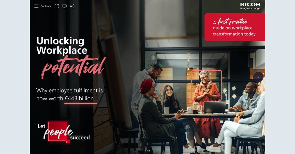 RicohUK's tweet card. An essential guide on improving workplace experience for greater productivity and business performance.