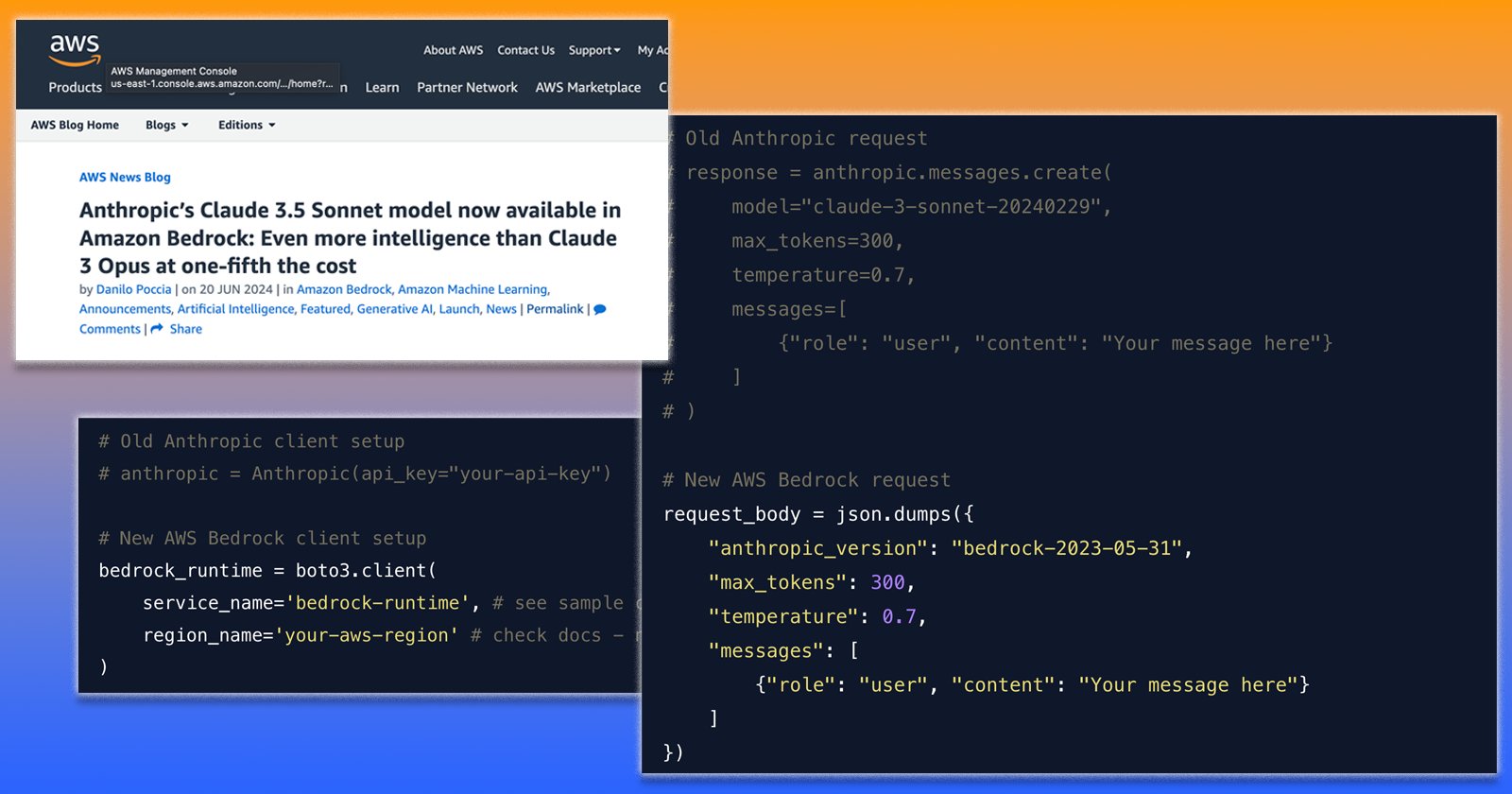 gregwilsontech's tweet card. A guide on using Amazon Bedrock APIs for Anthropic Claude 3.5 Sonnet in Python, including setup, differences, and error handling