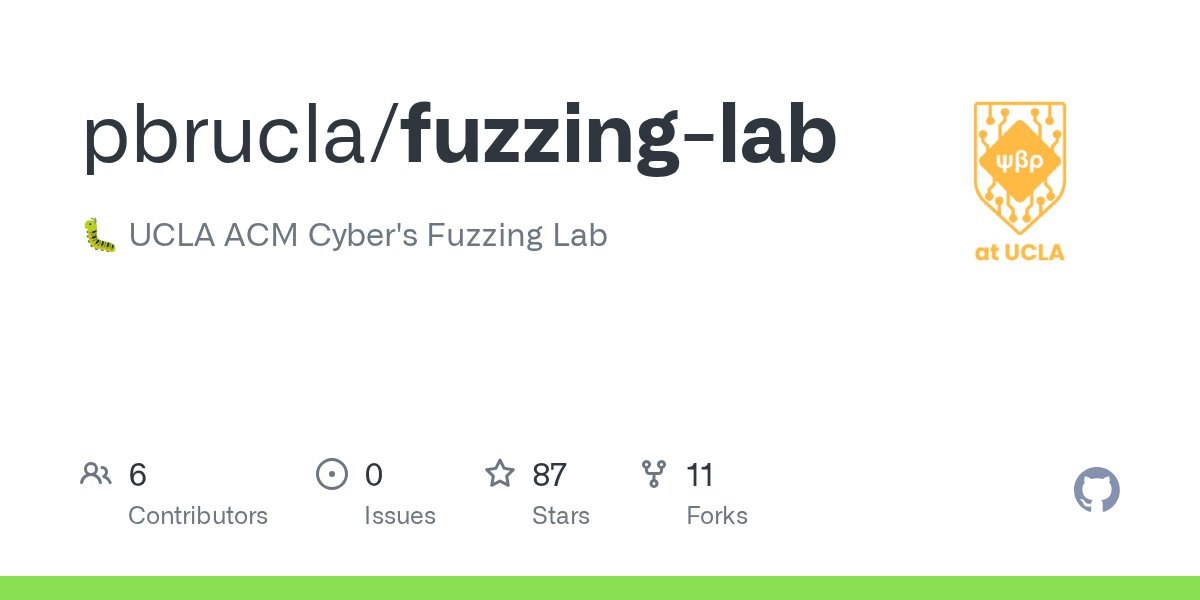 bliutech's tweet card. 🐛 UCLA ACM Cyber's Fuzzing Lab. Contribute to pbrucla/fuzzing-lab development by creating an account on GitHub.