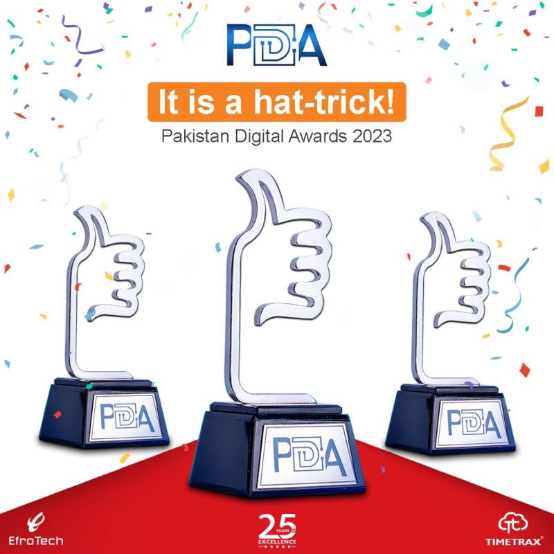 EfroTech's tweet card. 🏆🏆🏆 And we complete our HAT-TRICK at the Pakistan Digital Awards 2023! Best Emerging Technology 2023 Best in Cloud Computing 2022 Best Use of Chat-Bot 2023 Well done Team TimeTrax - HRMS & ERP...